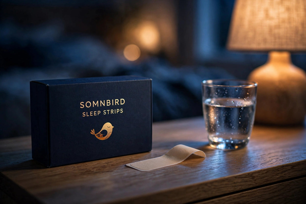 Somnbird Sleep Strips on a nightstand